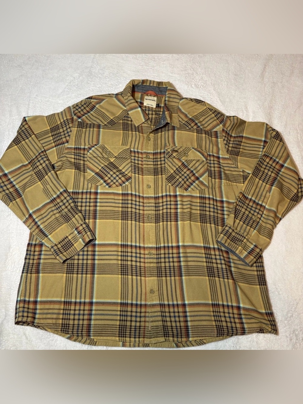 Simms Flannel Shirt Mens XXL Beige Plaid Button Up Long Sleeve Outdoor Fishing